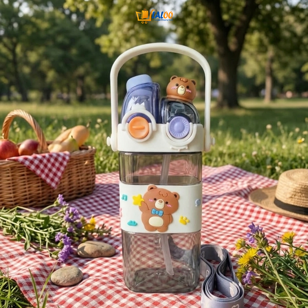Cute Cartoon Kids Water Bottle With Straw & Strap - Laloo.store