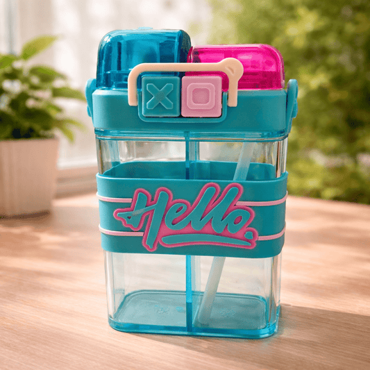 "Hello" Kids Water Bottle – Teal & Pink Cute Square Bottle with Straw - Laloo.store